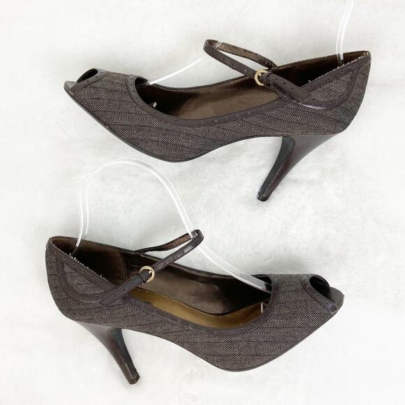 Vintage Connie Womens Heels Fabric Leather Materialistic Peep Toe Brown 8.5M - Picture 5 of 9